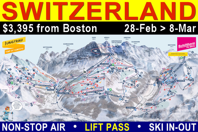 Switzerland, Murren: 25-Feb to 8-Mar, 2026
Ski/Ride Eiger, Mönch, and Jungfrau Switzerland!